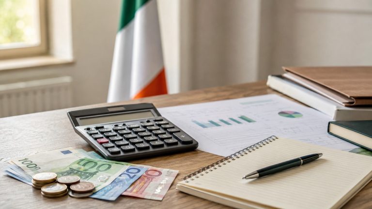 Irish Budget 2027 documents with euro notes and a calculator on a desk