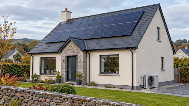 Ireland Announces €2,000 Boiler Scrappage Support and New Home Energy Grants Irish home with rooftop solar panels and an outdoor heat pump, illustrating home energy upgrades