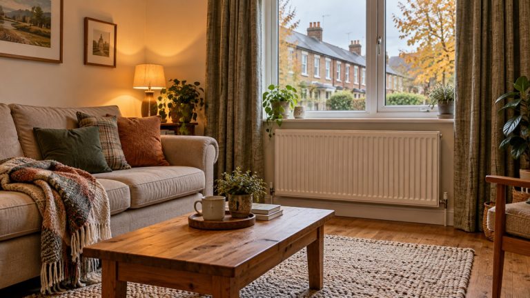 Cosy UK living room with thermal curtains, a clear radiator and a wool rug