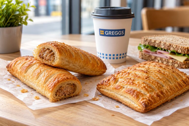 Greggs Prices: A Guide to Menu Prices, Meal Deals and Savings Greggs coffee cup with sausage rolls, a savoury bake and sandwich