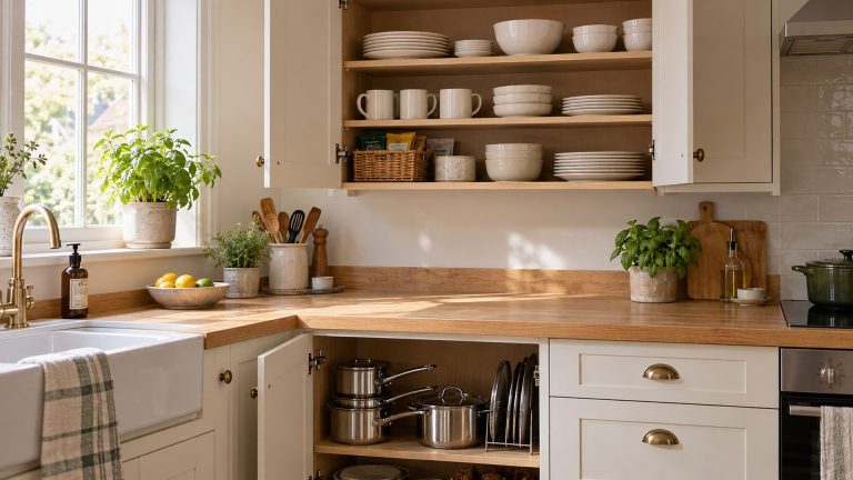 Organised kitchen cupboards with neatly arranged plates, mugs, saucepans and lids.
